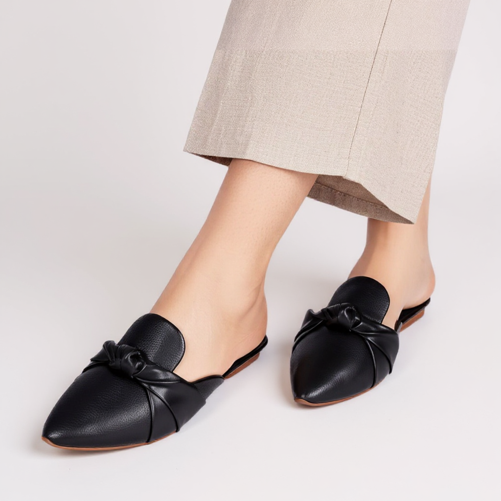 Mule Feminino Bico Fino com Laço – Casual Elegante Confortável Preto