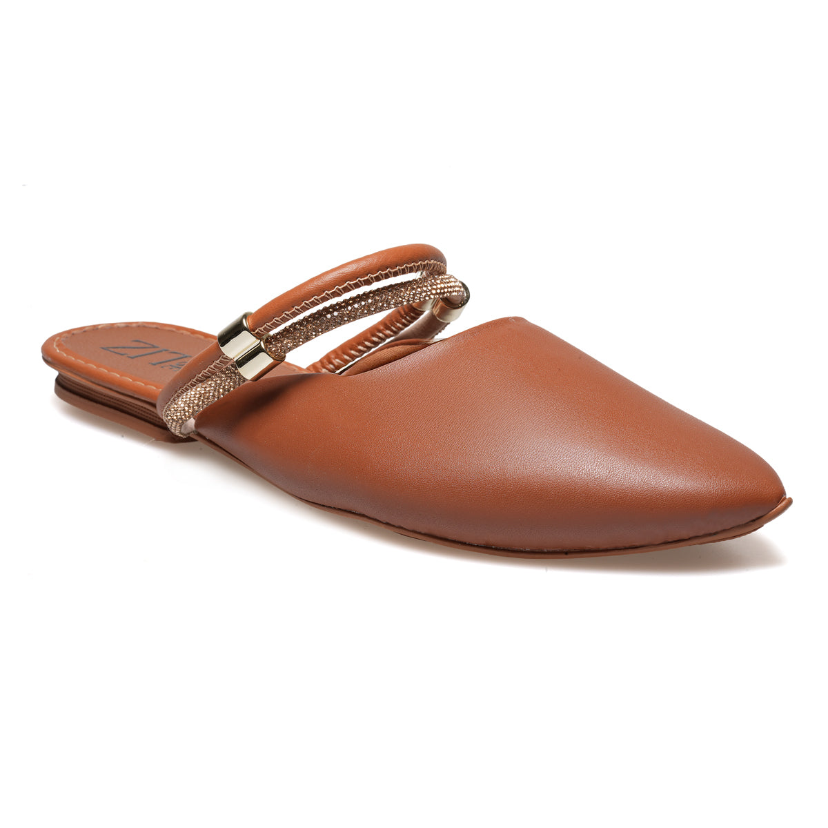 Mule Feminino Bico Fino com Strass – Casual Elegante Confortável Caramelo