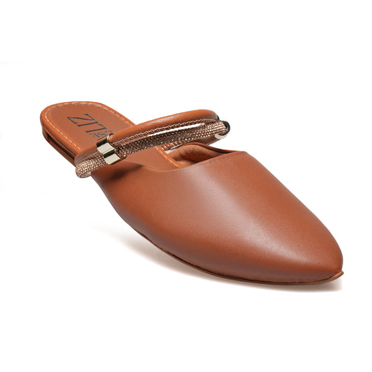 Mule Feminino Bico Fino com Strass – Casual Elegante Confortável Caramelo