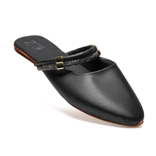 Mule Feminino Bico Fino com Strass – Casual Elegante Confortável Preto