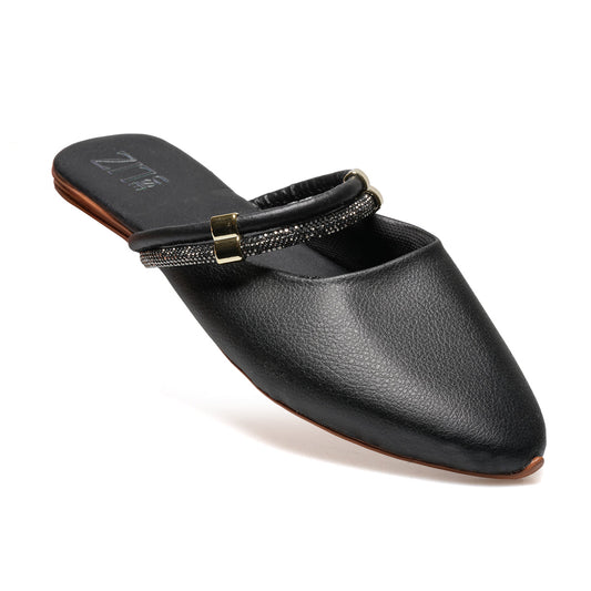 Mule Feminino Bico Fino com Strass – Casual Elegante Confortável Preto
