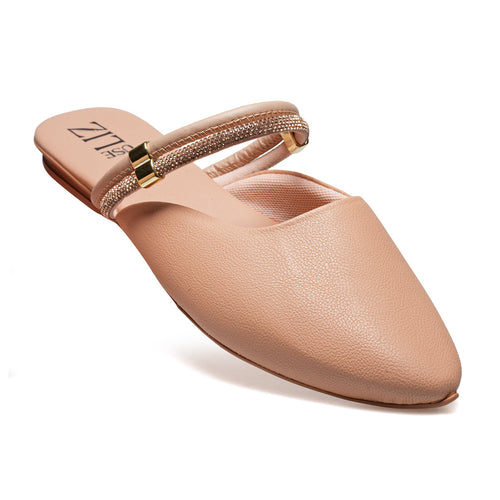 Mule Feminino Bico Fino com Strass – Casual Elegante Confortável Nude