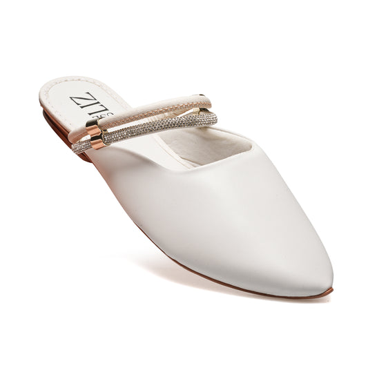 Mule Feminino Bico Fino com Strass – Casual Elegante Confortável Off-White