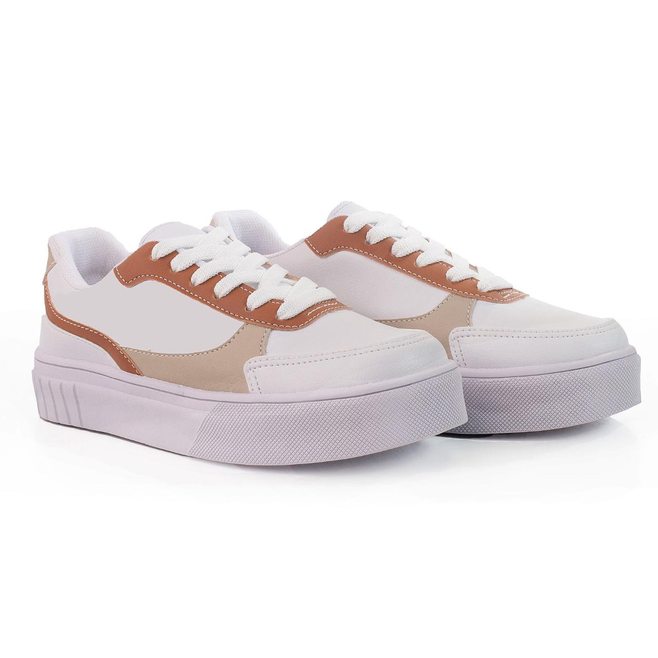 Tênis Feminino Casual confortável Lançamento - Branco/Caramelo