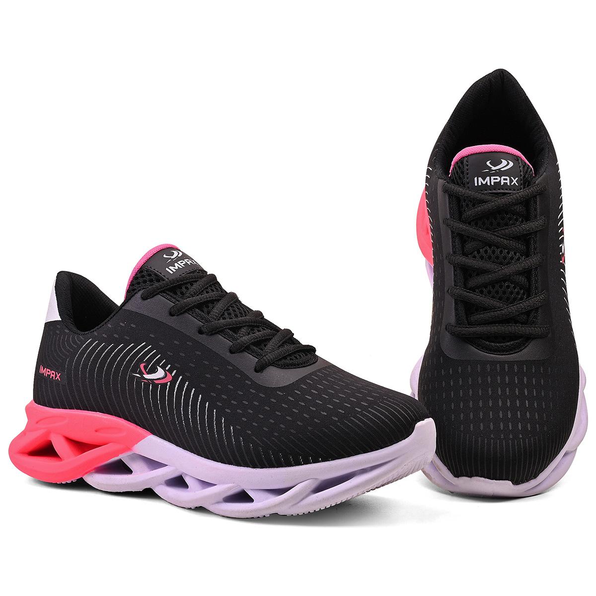 Tênis Feminino Impax Super Leve e Confortável | Ideal para Academia, Corrida e Dia a Dia Preto/Rosa