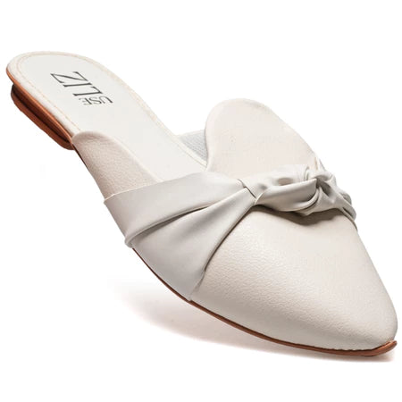 Mule Feminino Bico Fino com Laço – Casual Elegante Confortável Off-White